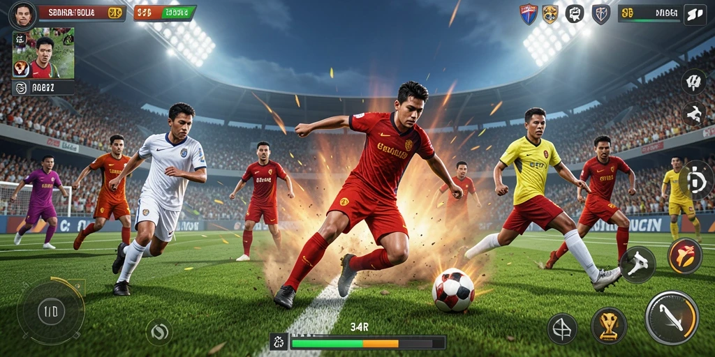 Tampilan gameplay 34R dengan aksi sepak bola yang mendebarkan.