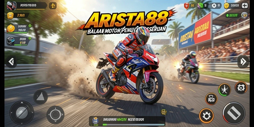 Tangkapan layar ARISTA88 menampilkan aksi balapan motor yang mendebarkan.