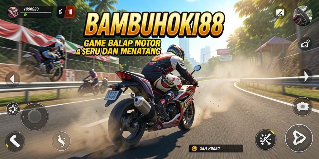Screenshot gameplay BAMBUHOKI88 dengan balapan motor yang seru.