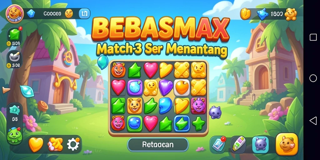 Tampilan gameplay BEBASMAX yang menarik dan penuh warna dalam permainan Match-3.