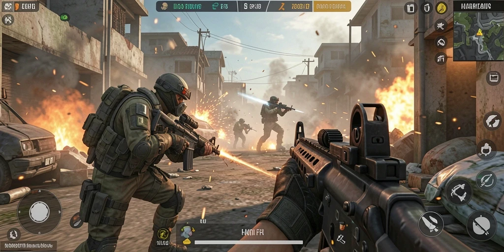 Screenshot utama HARAPJP menampilkan aksi pertempuran FPS yang mendebarkan.