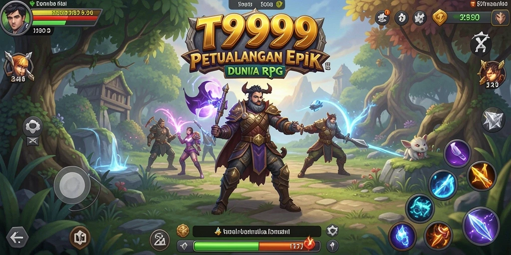 Screenshot gameplay T9999 menampilkan pertempuran epik di dunia RPG.